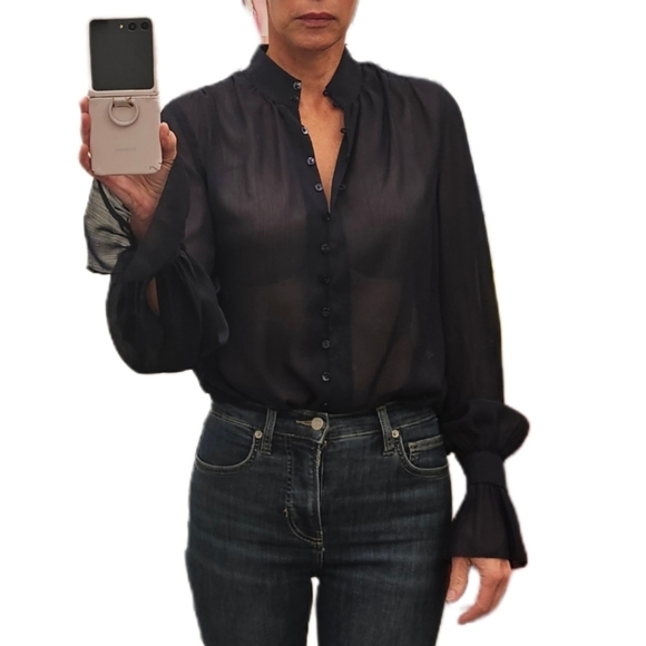 🎁HOLIDAY SPECIAL🎁NWT. L'AGENCE Marion Sheer Ruffle Blouse In Midnight - Picture 5 of 16